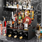 KLM 4-Tier Wood Display Shelf, Black Modern Bottle Organizer, Countertop Bar Stand for Liquor, Coffee Syrup, (Black)