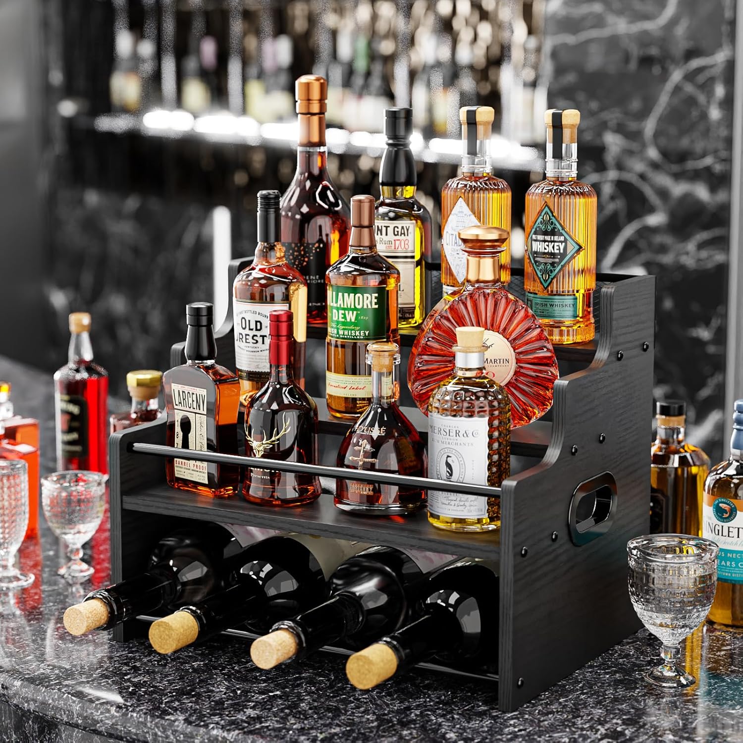 KLM 4-Tier Wood Display Shelf, Black Modern Bottle Organizer, Countertop Bar Stand for Liquor, Coffee Syrup, (Black)