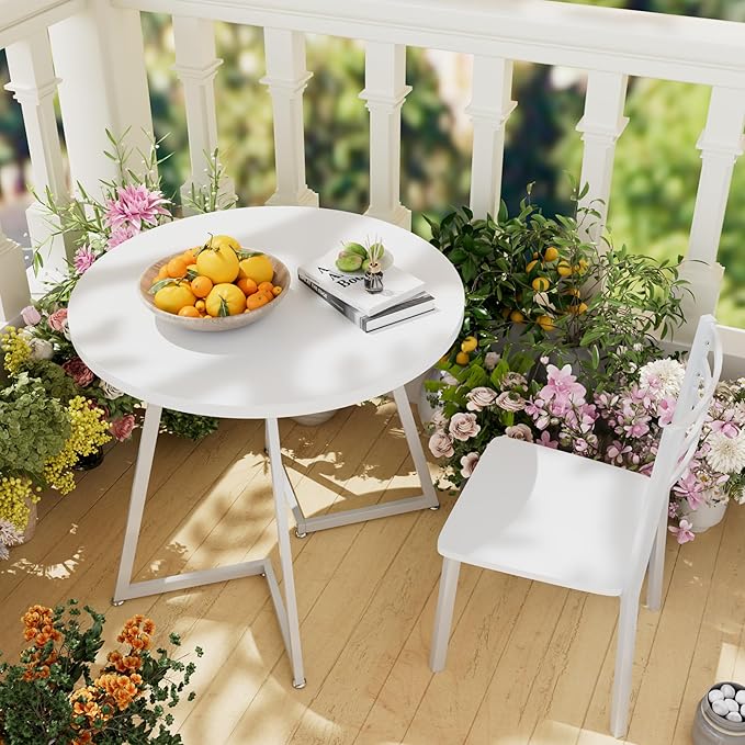 VECELO Small Round Dining Table Set for 2, Wood Tabletop with Strong Metal Fr...