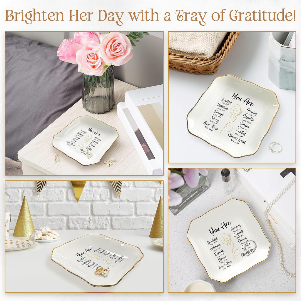 Christian Gifts for Women - You Are 4"x4" Ceramic Jewelry Dish Tray | Appreciation Gifts, Christian Gift, Gold Trim Design, Ring Dish for Women, Desk Vanity Decor, Polished Finish