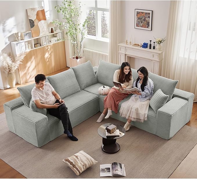 Sectional Cloud Couch for Living Room, Modern Modular Floor Deep-Seat Sofa, Upholstered L Shaped Sofas, Big Comfy Corduroy Couches Set for Living Room Bedroom, No Assembly Required, Grey
