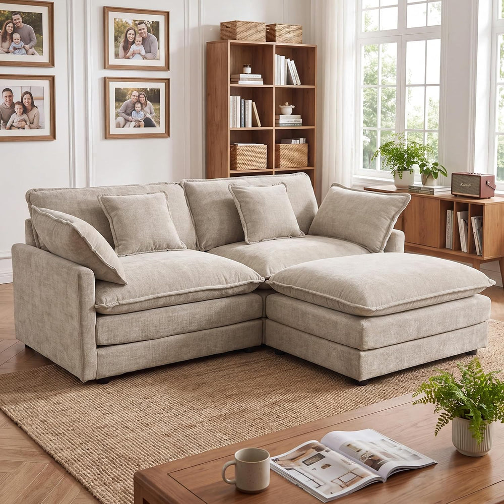 Tmsan 76.7" Cloud Loveseat Couch with Ottoman, Small L Shape Sectional Sofa