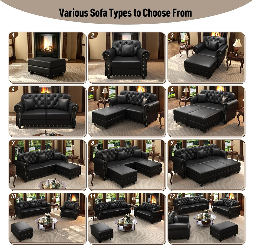 2-Piece Faux Leather Chesterfield Sofa & Loveseat Set with Ottoman, Black