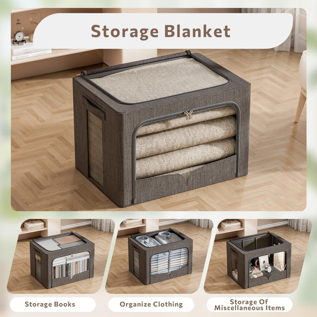 FHSQX 3 Pack Clothes Storage Bins Foldable Metal Frame Storage Box Stackable Linen Fabric Organizer Set with Carrying Handles and Clear Window (Dark Gray, 15.7x11.8x11.8inch(36L))