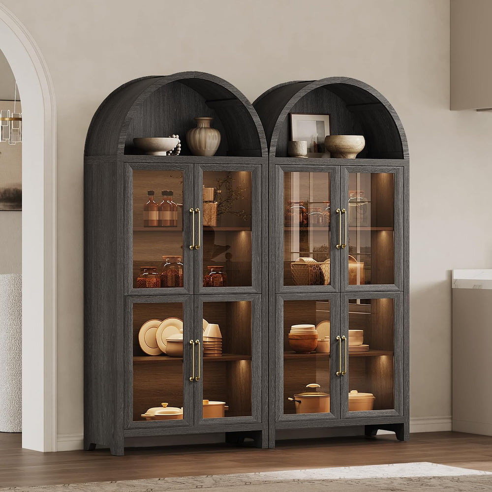 SICOTAS 74" Arched Display Cabinet with Glass Doors Set of 2, Dark Grey Oak