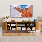 DHH 70.8 Inch Mid Century Modern TV Stand with Power Outlet for TVs up to 80 Inch, Entertainment Center with Storage and Adjustable Shelves, Media Console with Sliding Doors for Living Room(Yellow)