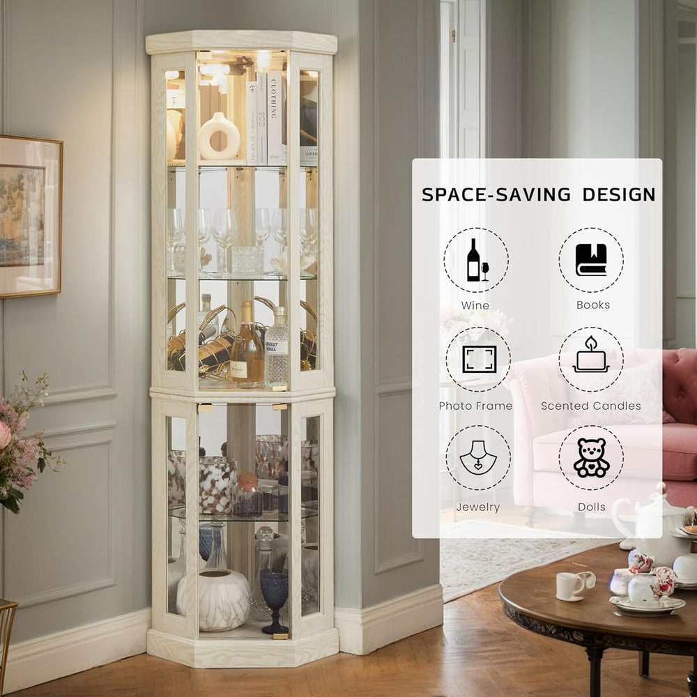 Corner Curio Cabinet, 70" H Lighted Glass Display Cage with Tempered Gla...