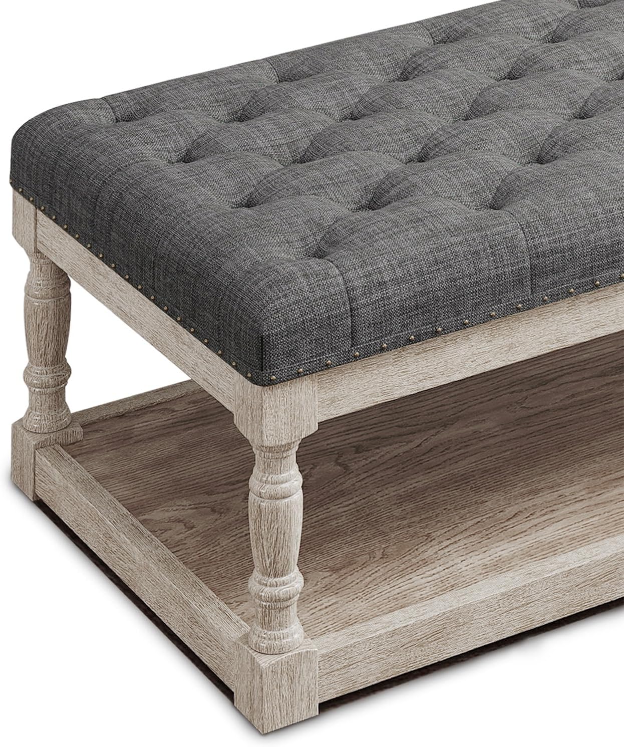 Ottoman Coffee Table, Large Rectangle Ottoman with Storage - Upholstered Cushioned Bench for Living Room, Tufted Linen Fabric with Solid Wood Shelf, Entryway Bench(Dark Gray)