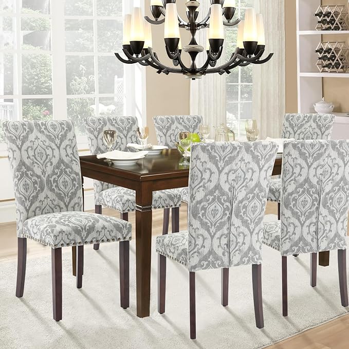 COLAMY Upholstered Dining Chairs with High Back – Breathable Fabric, Solid Rubber Wood Legs, Comfortable Padded Seat for Dining Room, Kitchen, Living Room – Classic Gray Damask Pattern,Set of 4
