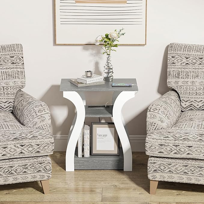 End Tables Living Room, Grey End Table with Charging Station, Grey Side Table...