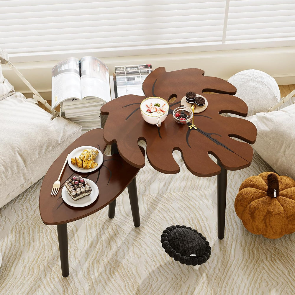BAMEOS Monstera Leaf Nesting Tables Set of 2, Small Side Tables f Set with Le...
