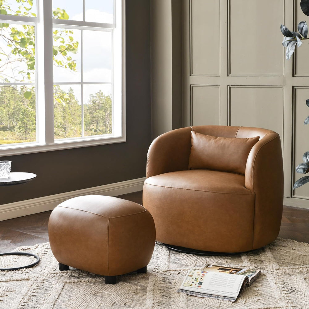 KINWELL 23" Wide Faux Leather Upholstered Ottoman Footrest, Camel | Livi...