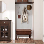 SIMPLIHOME Carlson Ottoman Bench Solid Pine Wood Frame with Faux Leather Upholstery for Living Room, Bedroom, Entryway, 26.4 x 15 x 17.5 inches, Distressed Saddle Brown