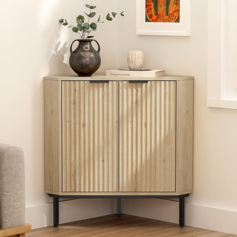 EYYTHUNG Fluted Corner Cabinet, Modern Small Corner Floor Cabinet with 2 Door...
