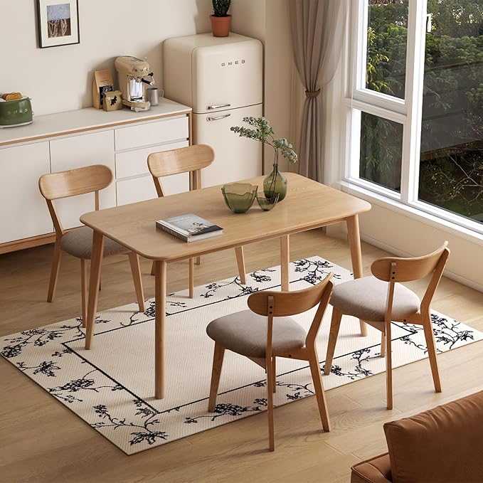 100% Solid Oak Dining Chairs, Mid Century Modern Dining Chair with Curved Backrest, Fabric Upholstered Dining Chairs for Kitchen, Study, Living Room (4, Original Wood-Gray Cushion)