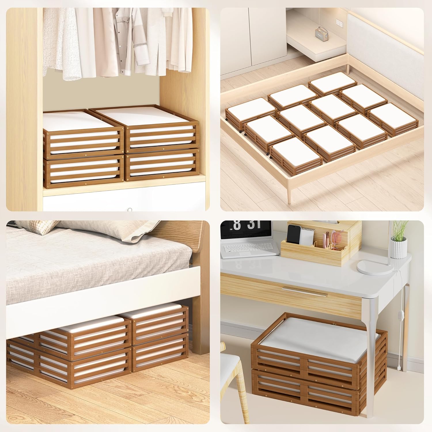 Wisuce Bamboo Under Bed Storage Containers- Underbed Organizer with Wheels with Large Dust Bag,Sturdy Wood Rolling Under the Bed Shoe Storage Organizer Drawer 2 Packs (Walnut, Small)