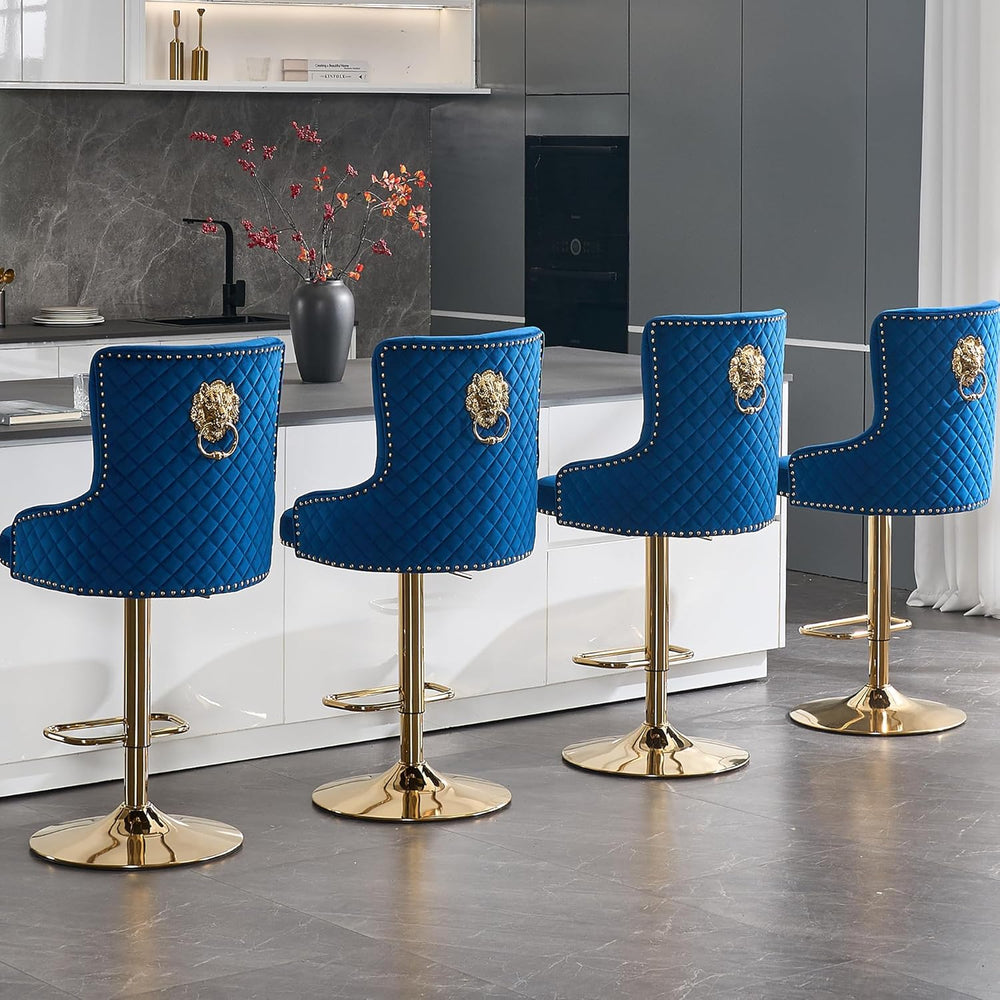 Gold Barstools Set of 4,Velvet Swivel Bar Height Stools with Lion Pull Ring,U...