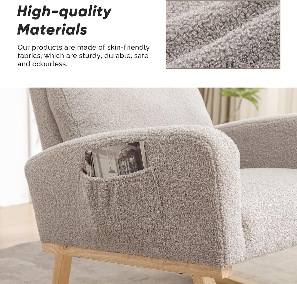 Rocking Chair Nursery, Rocker Nursing Chairs for Breastfeeding with Wood Legs and Side Pocket, Comfortable Glider Roking Chair for Nursery, Living Room, Bedroom,Teddy Light Grey