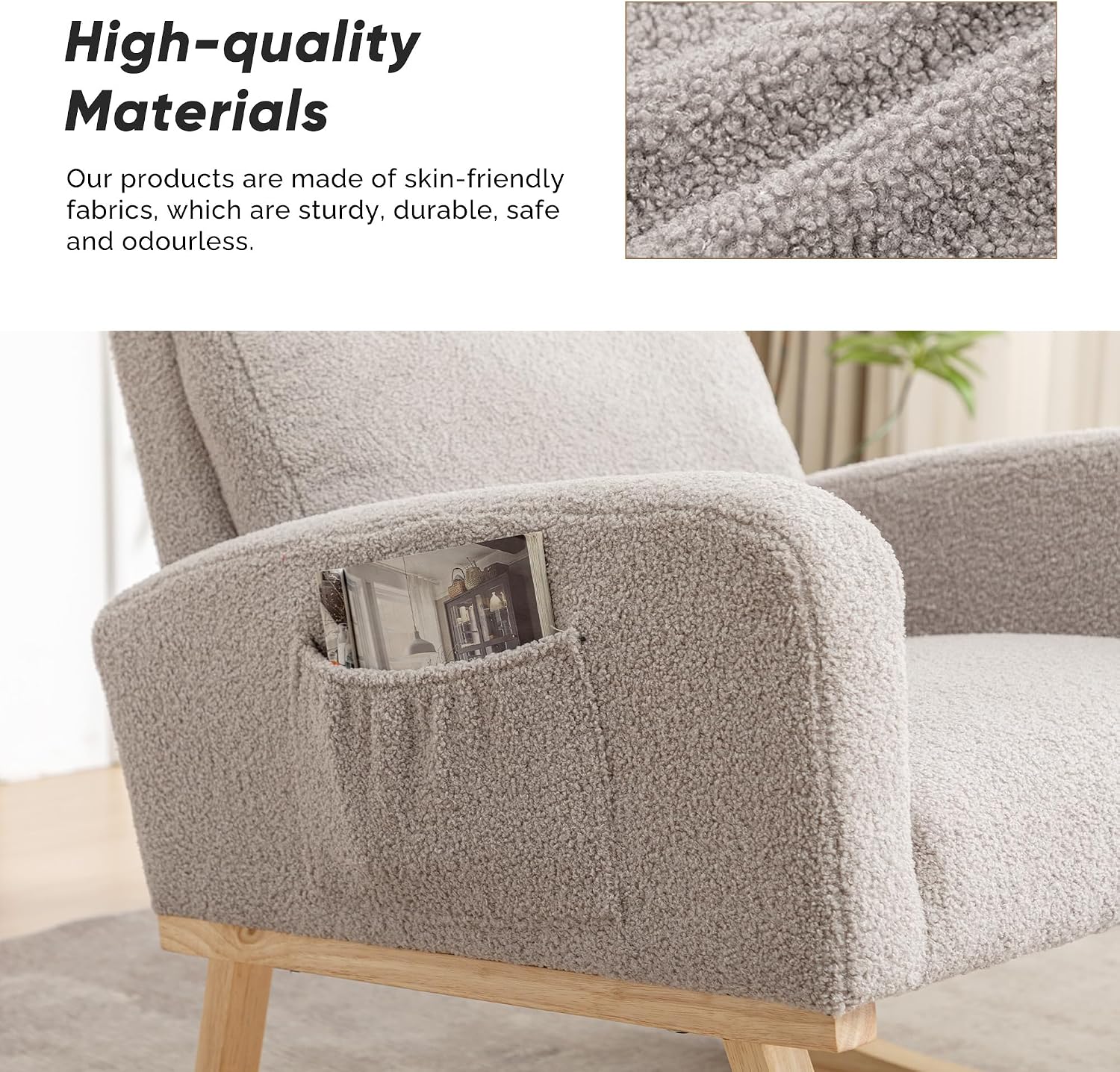 Rocking Chair Nursery, Rocker Nursing Chairs for Breastfeeding with Wood Legs and Side Pocket, Comfortable Glider Roking Chair for Nursery, Living Room, Bedroom,Teddy Light Grey
