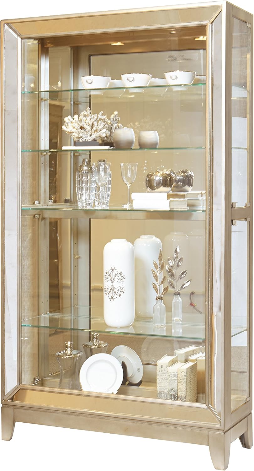 Hardwood Antique Style 5 Shelf Mirrored Curio Cabinet in Aged Silver Finish