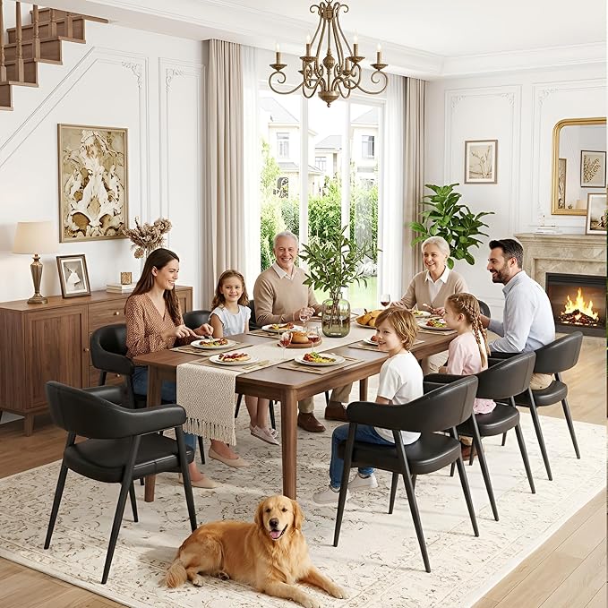 HNY Modern Dining Room Arm Chairs Set of 6, Retro Faux Leather Upholstered Barrel Dining Chairs with Arms Mid-Century Black Accent Chair with Metal Legs, Open-Back Kitchen Side Chair for Living Room