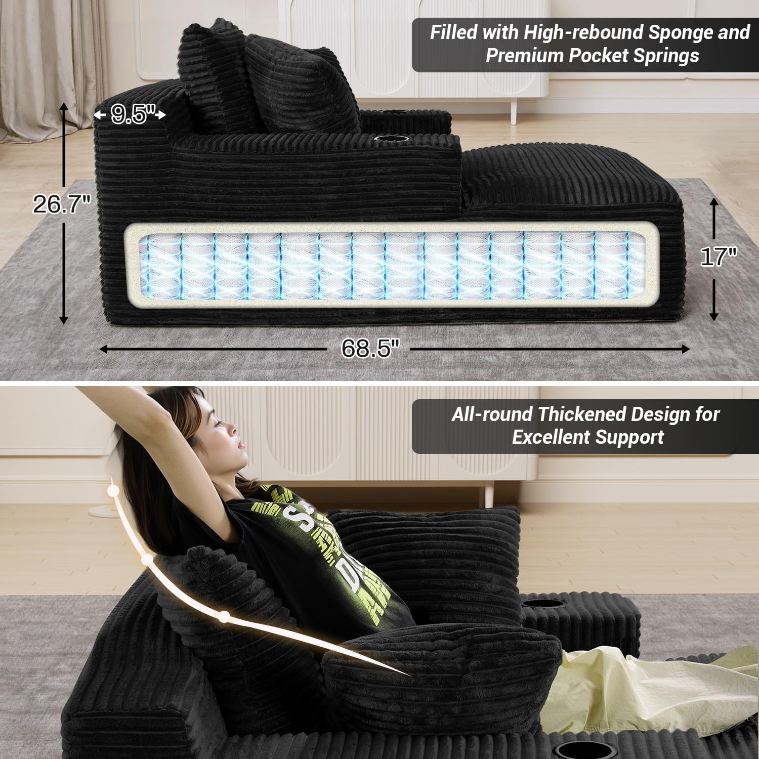 50" x 68" Corduroy Chaise Lounge, Cup Holders, Black | Oversized corduroy chaise with a deep sleeper seat, built-in cup holders, and 3 pillows for reading, lounging.