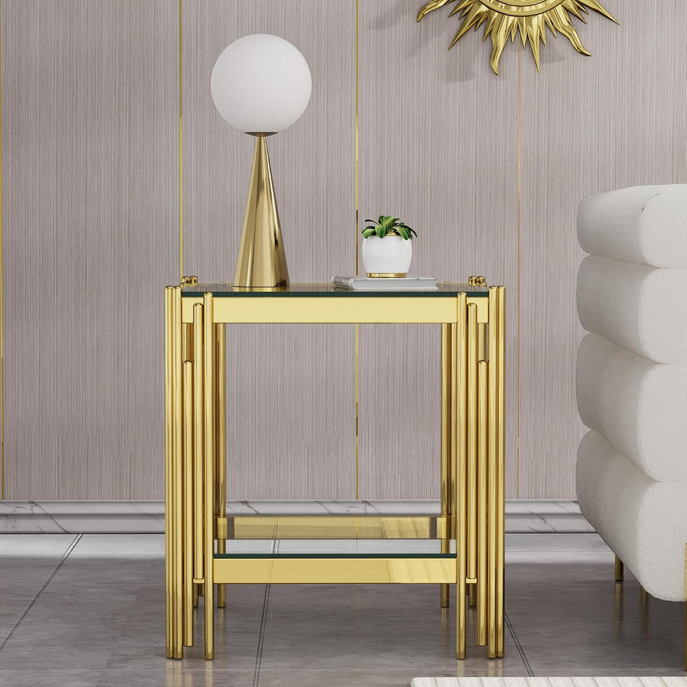 Small Side Table, Square End Table with Tempered Glass & Irregular Gold S...