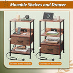WLIVE Night Stand with Charger Station, LED Nightstand with Adjustable Fabric Drawer, 3-Tier Storage Bedside Table, Small End Side Tables for Bedroom, Rustic Brown