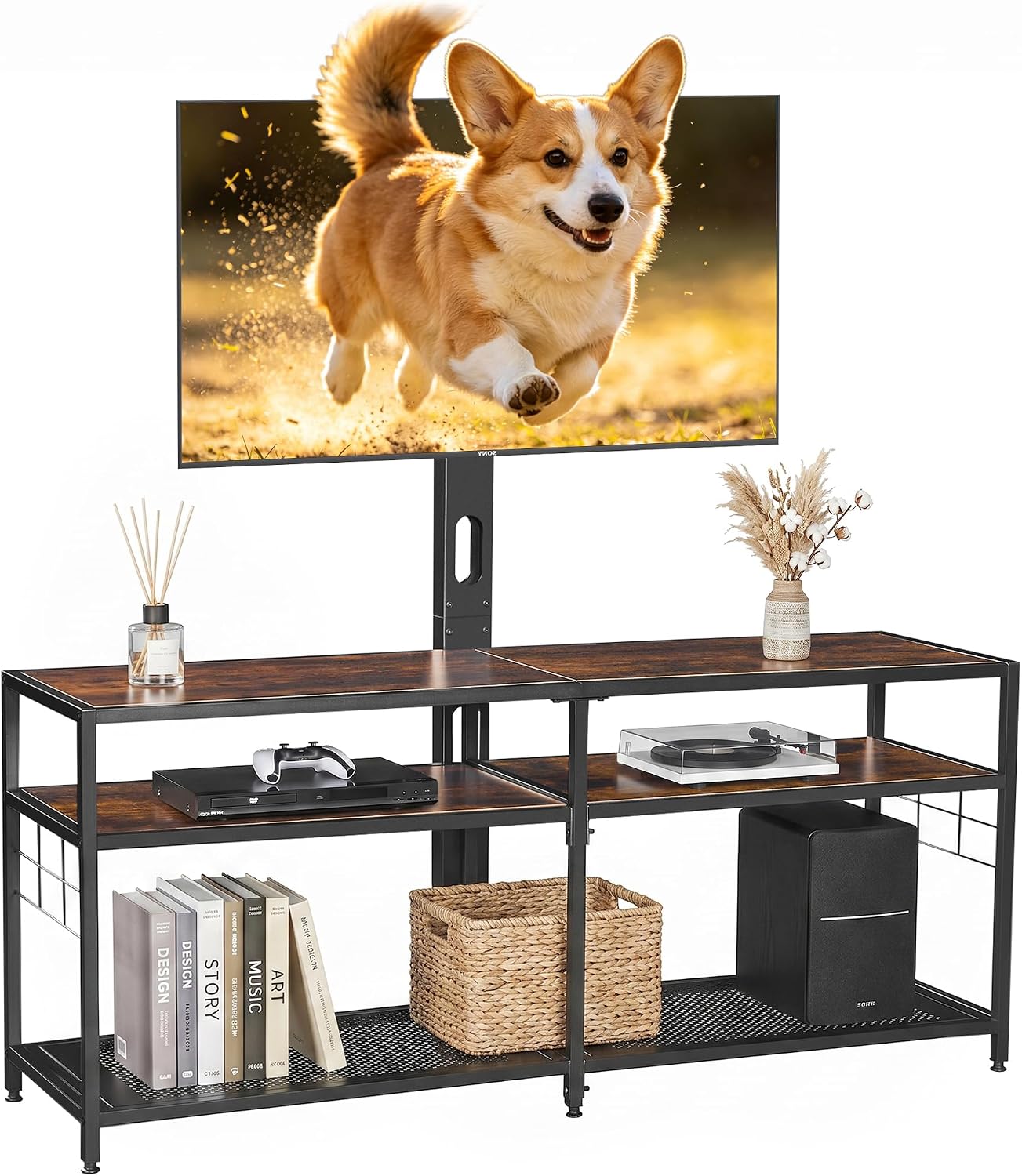 VECELO TV Stand with Mount, Universal Swivel TV Console for 32-75 inch TVs, 55" Entertainment Center with Storage Shelves, for Living Room, Bedroom, Rustic Brown