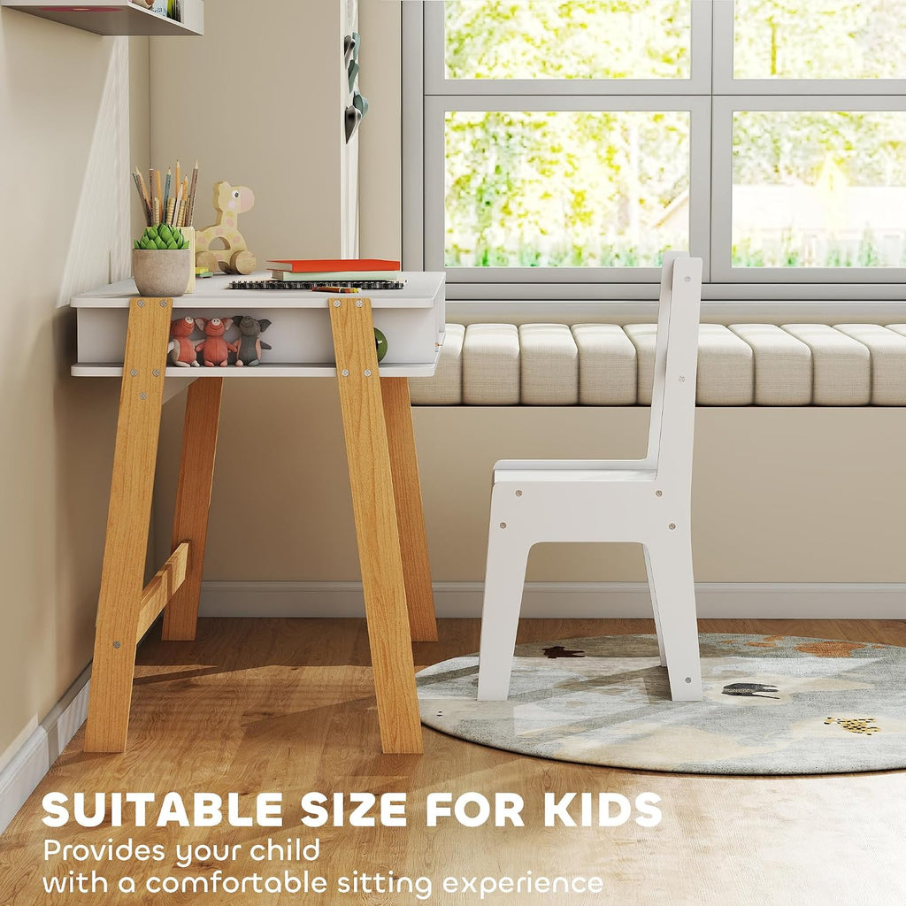 Qaba Kids Desk and Chair Set for 3-12 Years Old, Children Study Desk with Storage Compartment, Student Writing Table Computer Workstation for Home Bedroom School Use