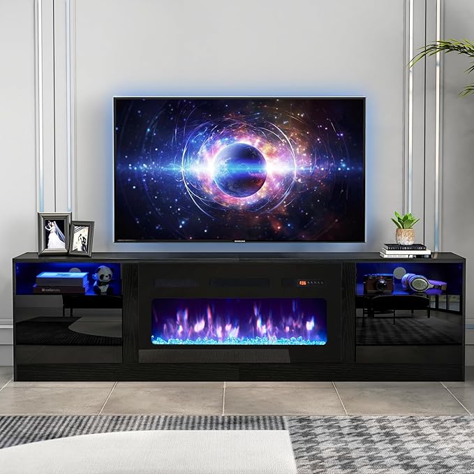 oneinmil 80” TV Stand with 36” Electric Fireplace, Large Modern Media Entertainment Center with Storage Cabinet and 12 Colors LED Lights for TVs Up to 90", Black+Black