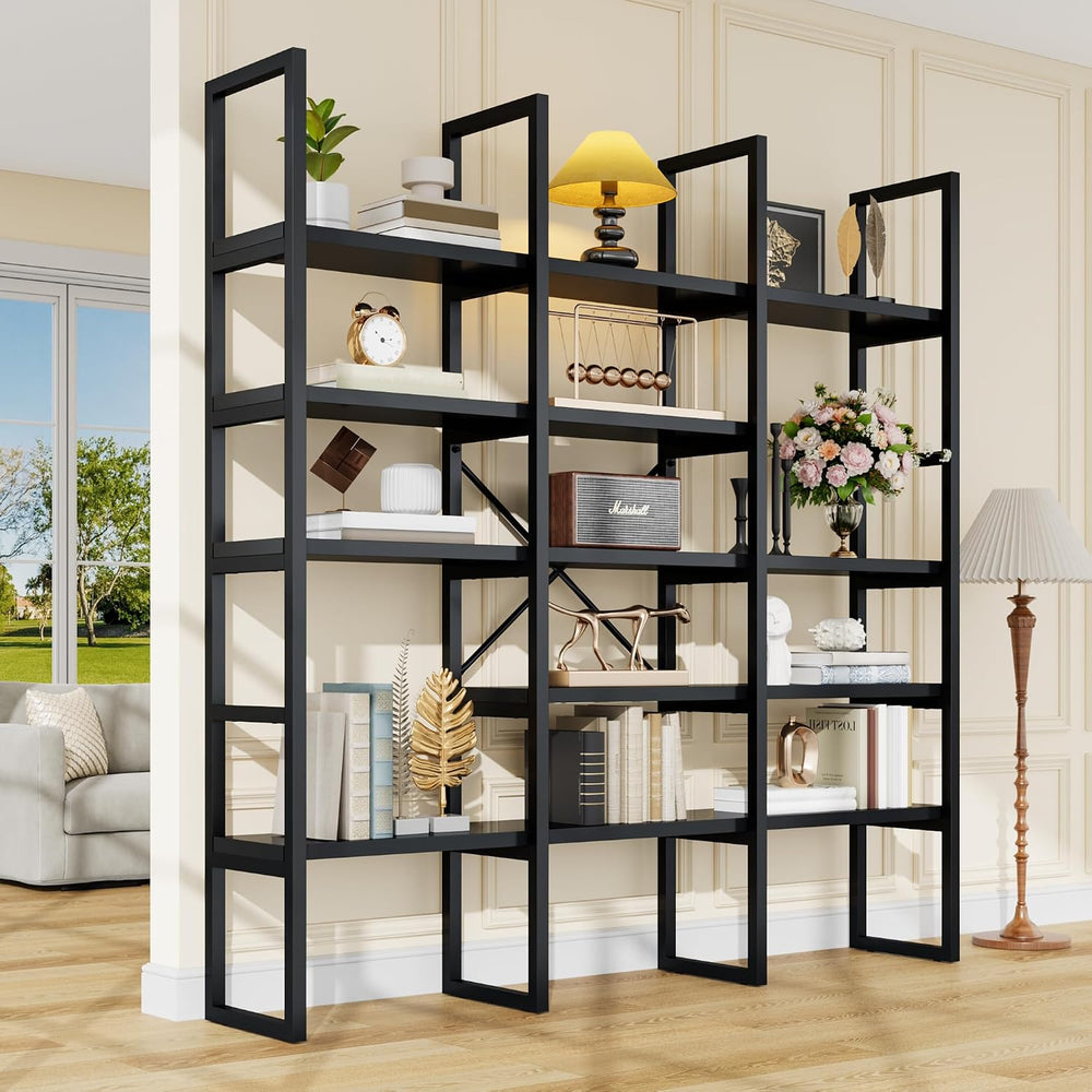 Large Bookshelf 5 Tiers, Triple Wide Geometric Bookcase, 71 Inches Tall Indus...