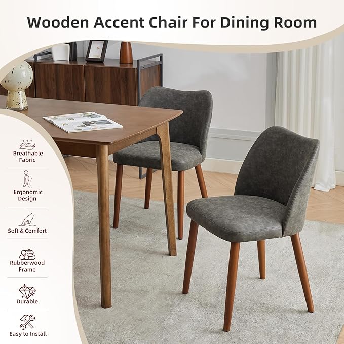 Dining Chair Set of 4, Leather Upholstered Dining Chair with Wood Legs, Wing Backrest, Wooden Kitchen Chair, Kitchen Chairs with Thick Cushions for Dining Room, Living Room, Dark Grey