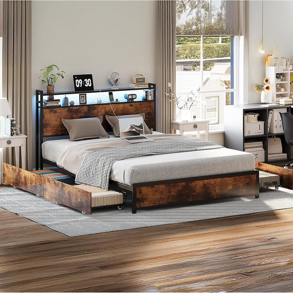 VINGLI Queen Bed Frame with 4 Storage Drawers and Headboard, Metal Platform P...