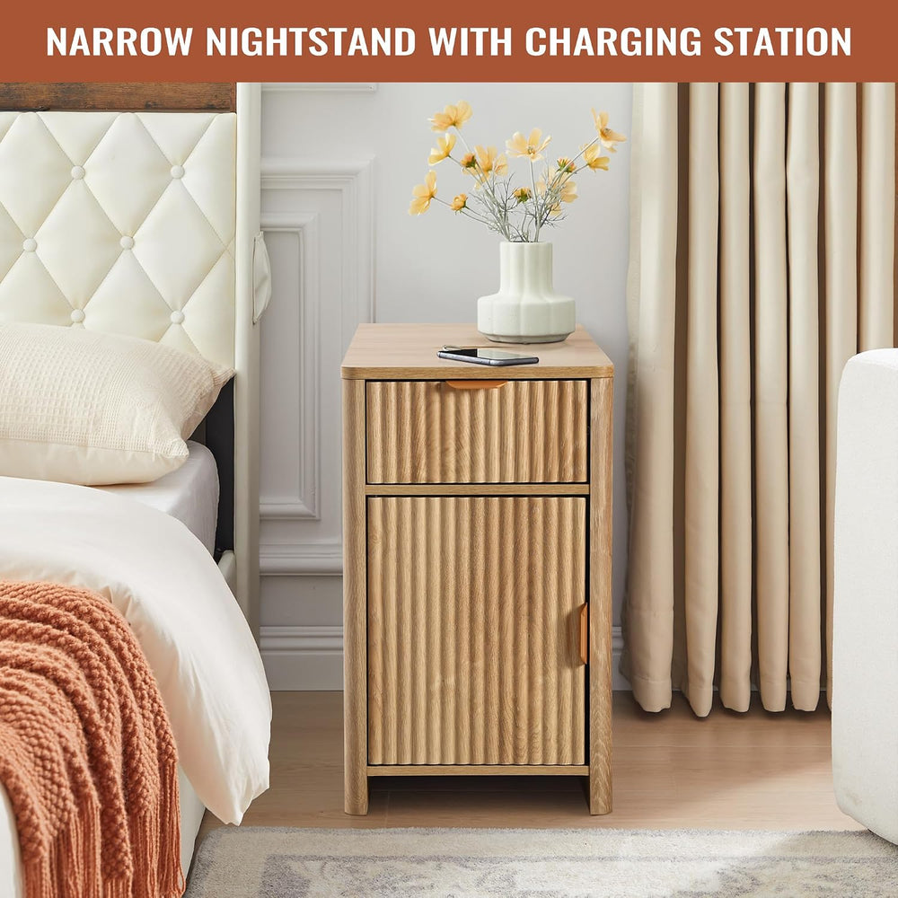 Fluted Narrow End Table with Charging Station, Boho Side Table with Drawer St...