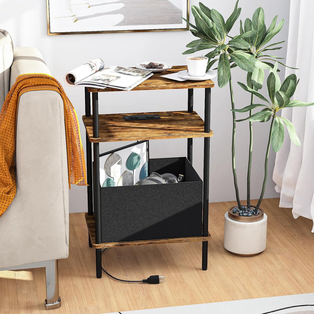 End Table with Charging Station & Outlet, Small Narrow Side Table for Bed...