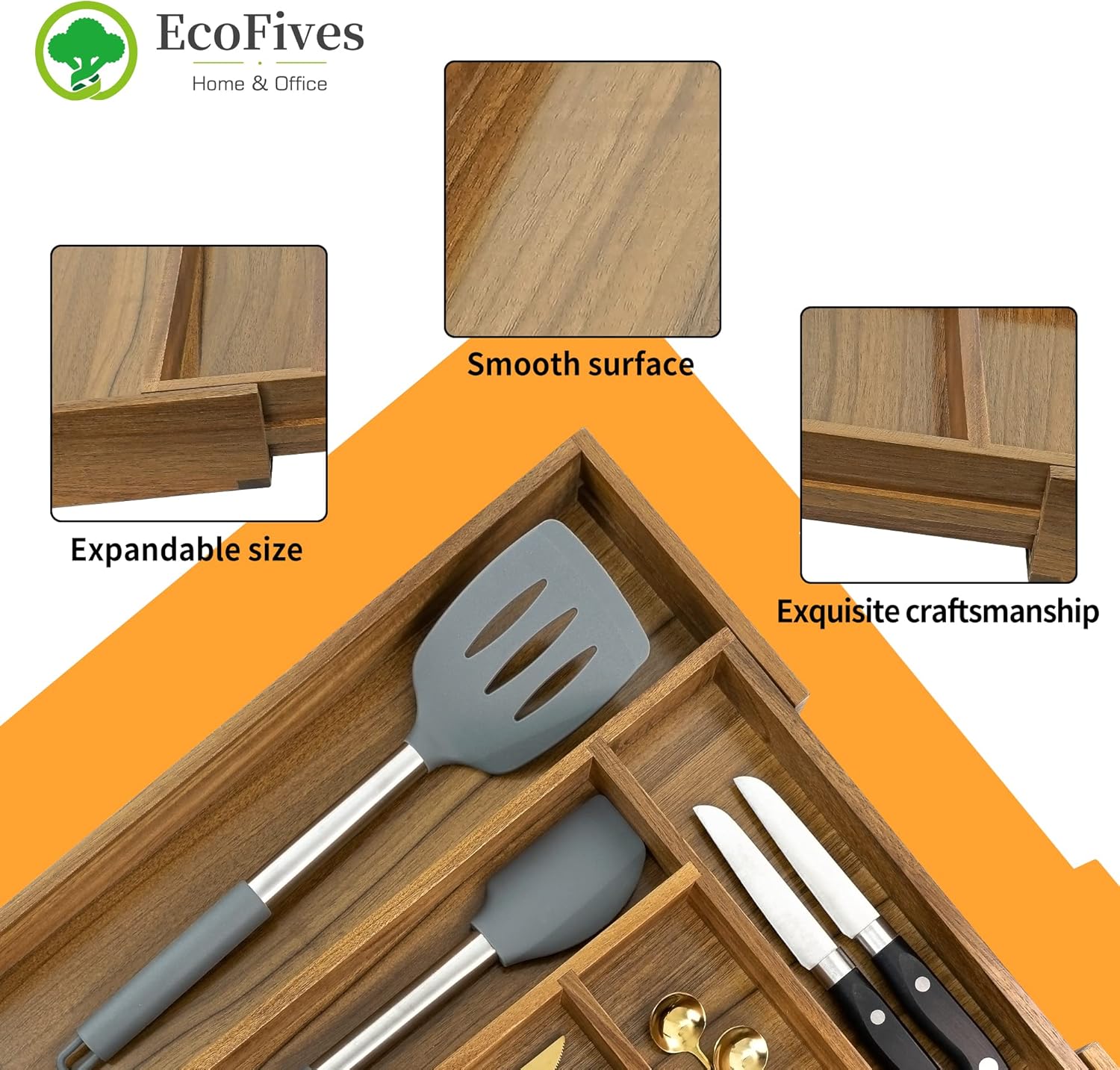 Luxury Acacia Kitchen Drawer Organizer - Silverware Organizer - Utensil Holder and Cutlery Tray with Grooved Drawer Dividers for Flatware and Kitchen Utensils (8 Slot), 17*12.4*2 inch