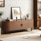 ONBRILL 70.8" TV Stand with Power Outlet for TVs up to 75 Inch, Entertainment Center with Storage and Adjustable Shelves, Modern Media Console with Sliding Doors for Living Room, Walnut