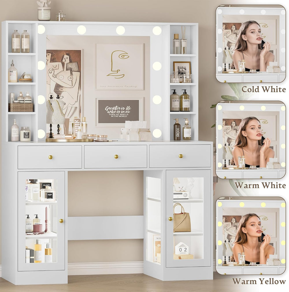 Wodeer Makeup Vanity Desk with Mirror and Lights, White Vanity with Glass Top...