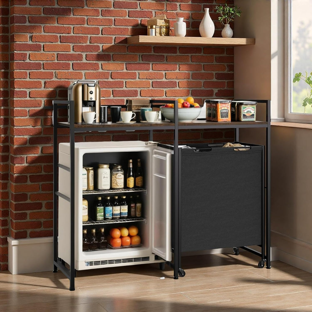 YITAHOME Kitchen Microwave Stand Bakers Rack with Shelf, 55" Large Kitchen Storage Shelf with Rolling Wheeled Storage Baskets/Hooks, Coffee Bar Table Station with Dining Room, Retro Brown