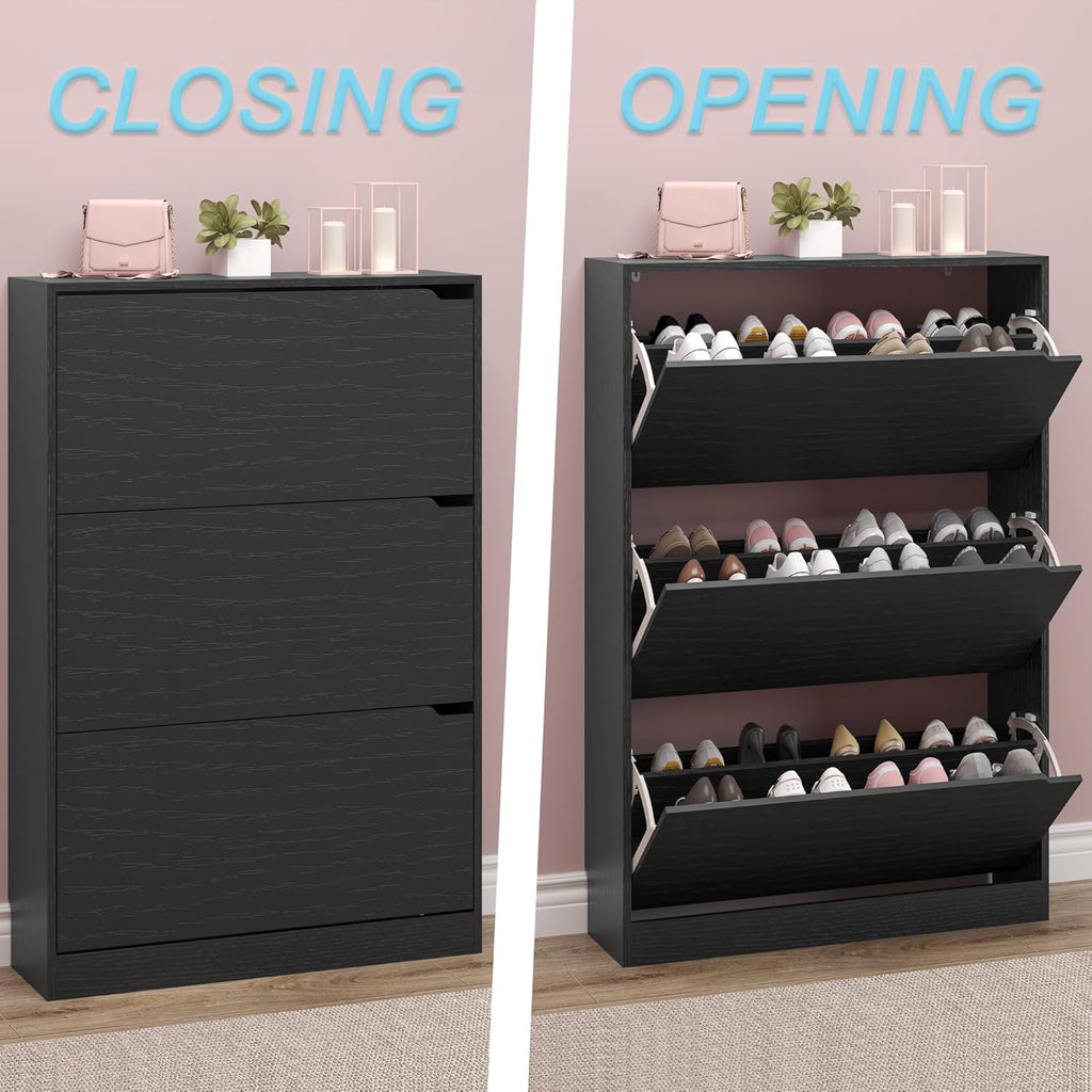 Shoe Storage Cabinet with 3 Flip Drawers,Narrow Shoe Rack Cabinet,Freestanding Organizer Storage for Entryway, Hallway, Black