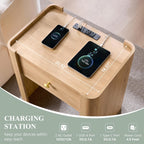 23.6" Tall Modern Nightstand with Charging Station, 22" Wide Curved Bedside Table with 1 Storage Drawer, Wooden Night Stand, Large End Table for Bedroom, Living Room, Natural