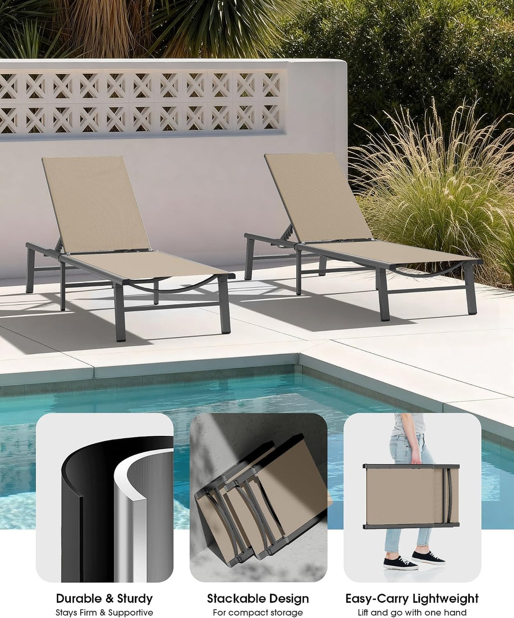 Foldable Outdoor Lounge Chair, No Assembly Patio Chaise Lounge Outdoor with 5-Positions, Aluminum Pool Lounge Chair with Portable Design for Pool, Beach, Deck, Backyard, Khaki