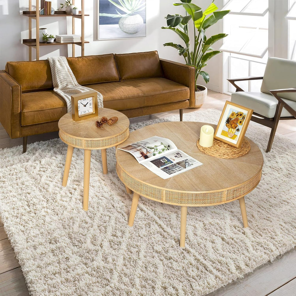 RUSTOWN 2-Piece Farmhouse Coffee Table, Modern Round Rattan Side Tables | Rus...
