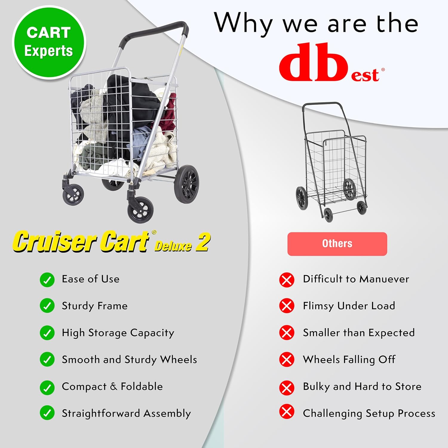 dbest Products Cruiser Cart Deluxe 2 with Liner Bag Bundle Shopping Grocery Rolling Folding Laundry Basket on Wheels Foldable Utility Trolley Compact Lightweight Collapsible