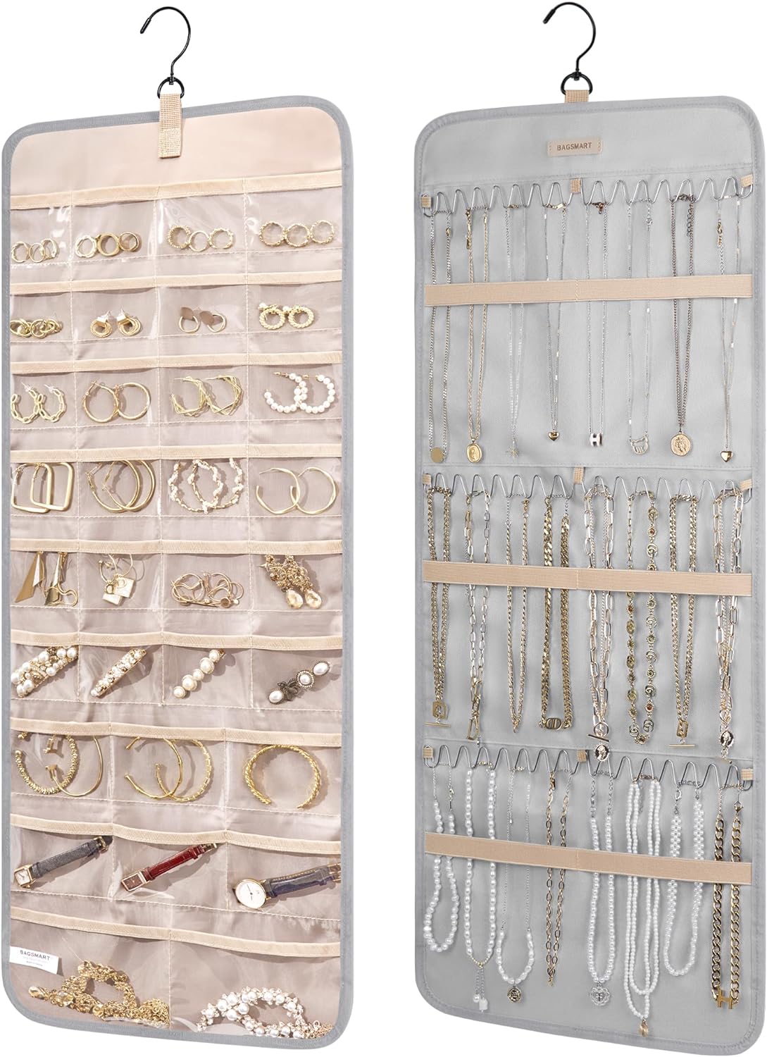 BAGSMART Hanging Jewelry Organizer Storage Roll with Hanger Metal Hooks Double-Sided Jewelry Holder for Earrings, Necklaces, Rings on Closet, Wall, Door, 1 piece, Large, Grey