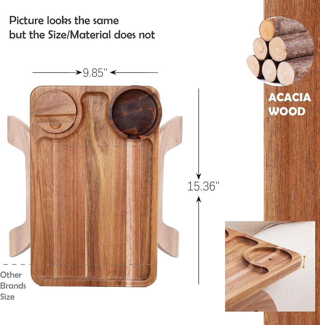 Nnewvante 2 Pack Couch Armrest Table, Acacia Wood Sofa Arm Clip On Tray | 3 in 1, Large 15.36 X 9.85 in Sofa Arm Table, 360° Rotating Cup & Phone Holder and Non-Slip Base