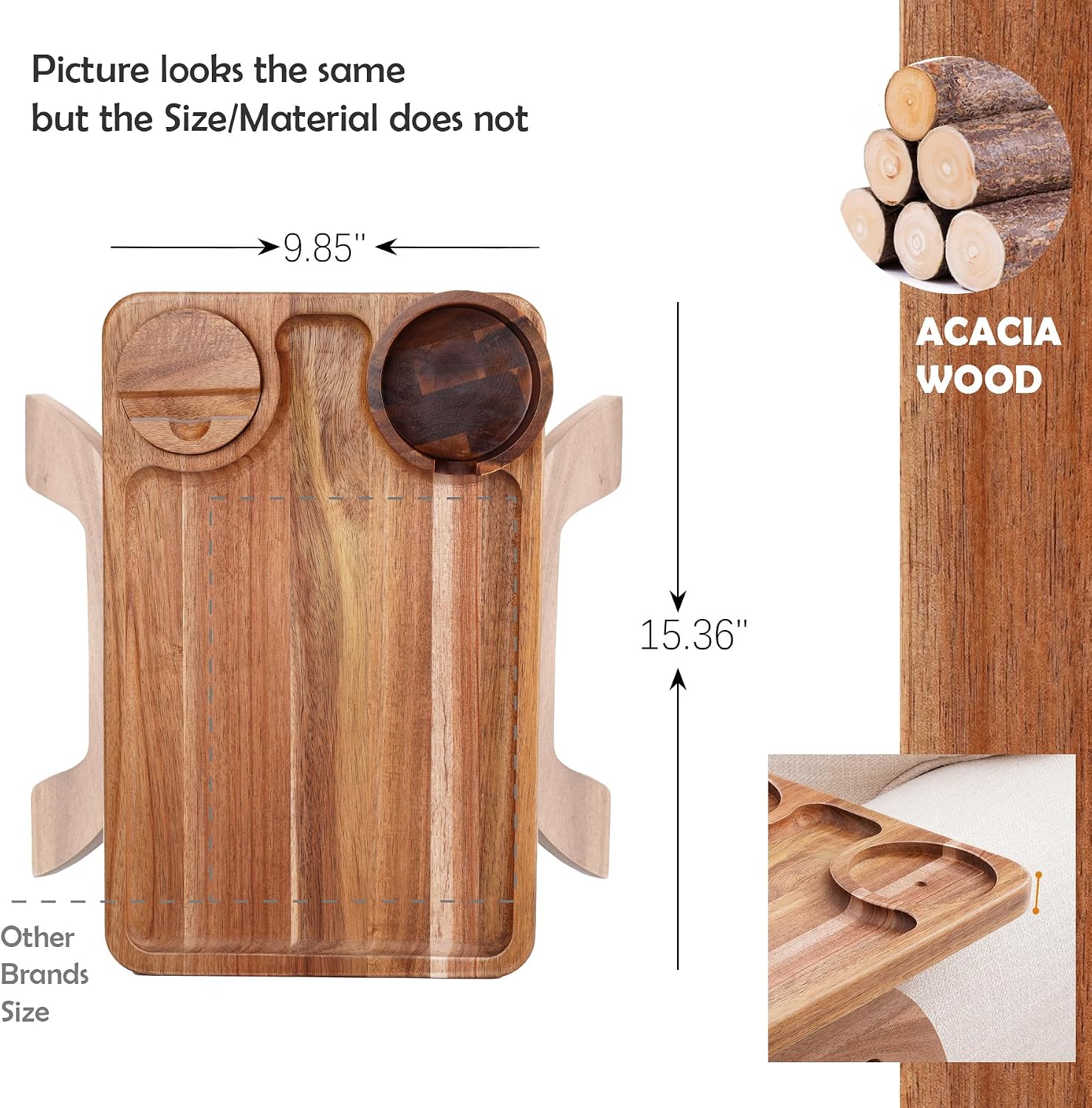 Nnewvante 2 Pack Couch Armrest Table, Acacia Wood Sofa Arm Clip On Tray | 3 in 1, Large 15.36 X 9.85 in Sofa Arm Table, 360° Rotating Cup & Phone Holder and Non-Slip Base