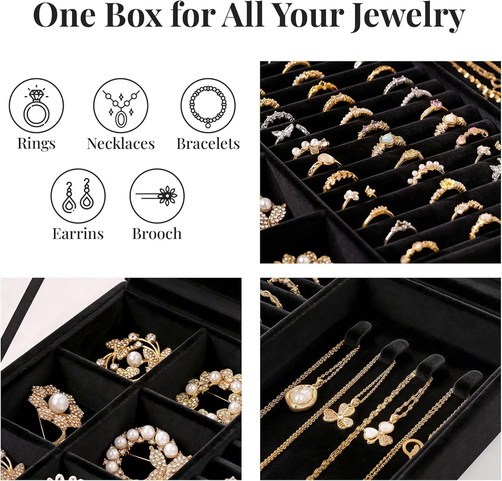 bussdis Glass Lid Jewelry Organizer Box – Black Velvet Jewelry Case with Ring Slots, Necklace Hooks & Removable Compartments for Earrings, Rings & Bracelets