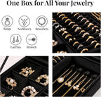 bussdis Glass Lid Jewelry Organizer Box – Black Velvet Jewelry Case with Ring Slots, Necklace Hooks & Removable Compartments for Earrings, Rings & Bracelets